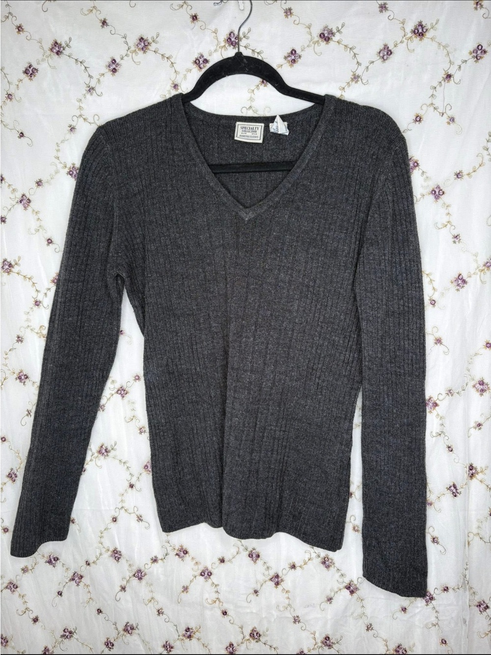 Ribbed V-Neck Sweater in Charcoal Gray - Women's Classic Knit